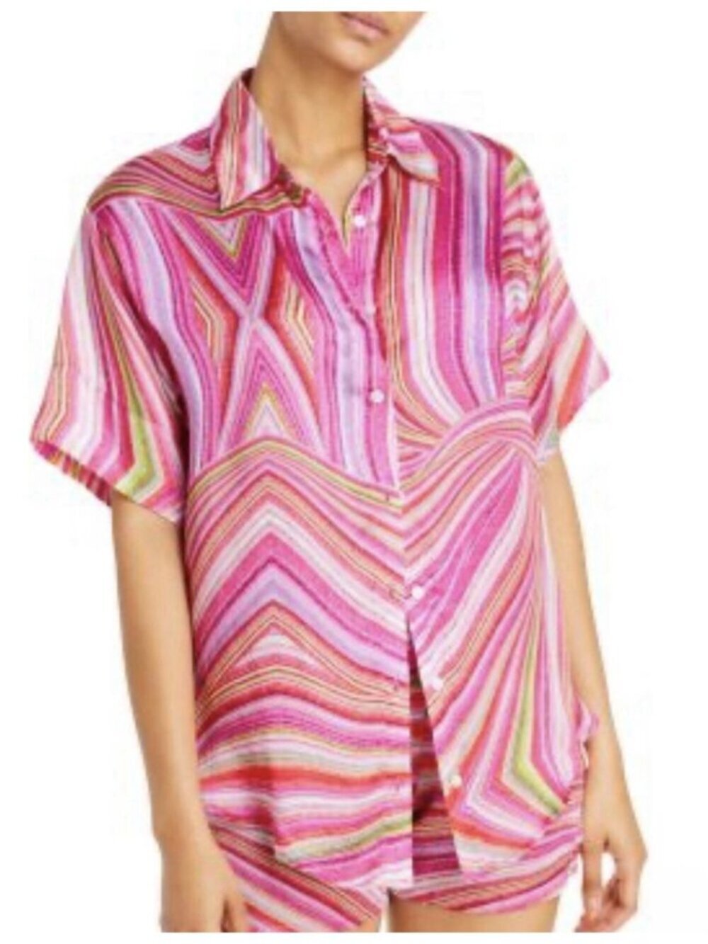 Frankies Bikinis Women’s Button Up Top in Pink Pattern Size XL